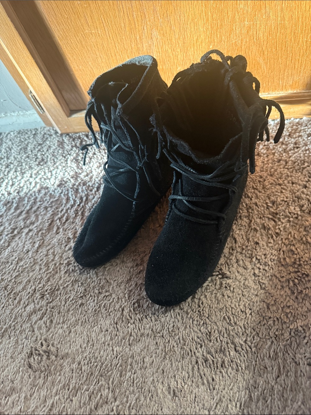 Minnetonka Black Suede Lace-Up Fringe Ankle Boots